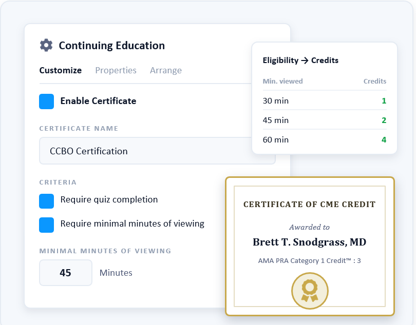 Automated continuing education: verified attendance, checkpoint verification, and branded certificate generation built into Webinar.net