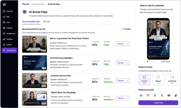 AI Social Clips: AI-recommended moments from the webinar with engagement scores, ready to preview, edit, and export as short-form social clips