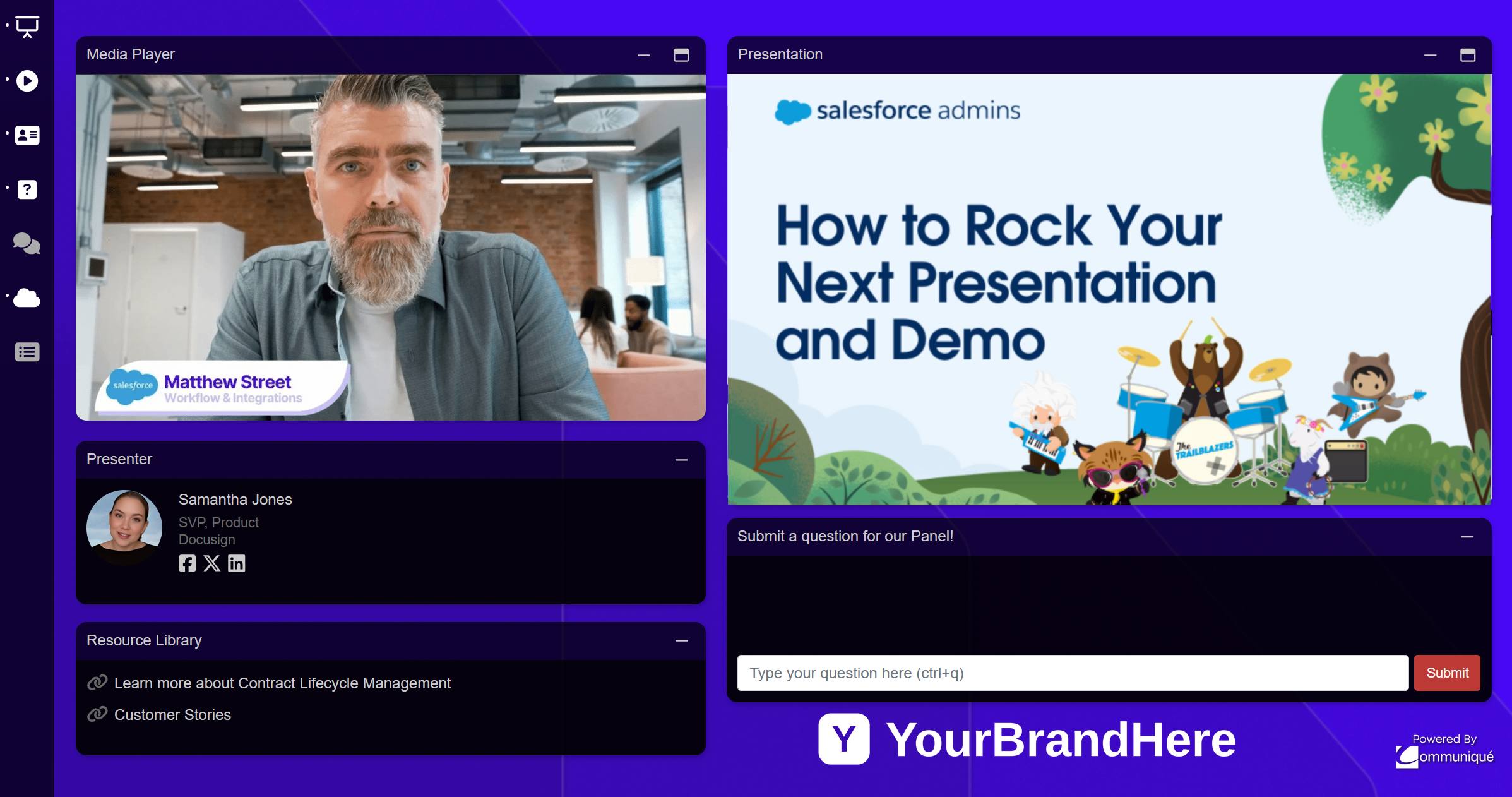 Webinar.net audience console showing a fully branded broadcast-quality live event with dynamic media player, presentation panel, presenter and moderator cards, resource library, and integrated Q&A submission