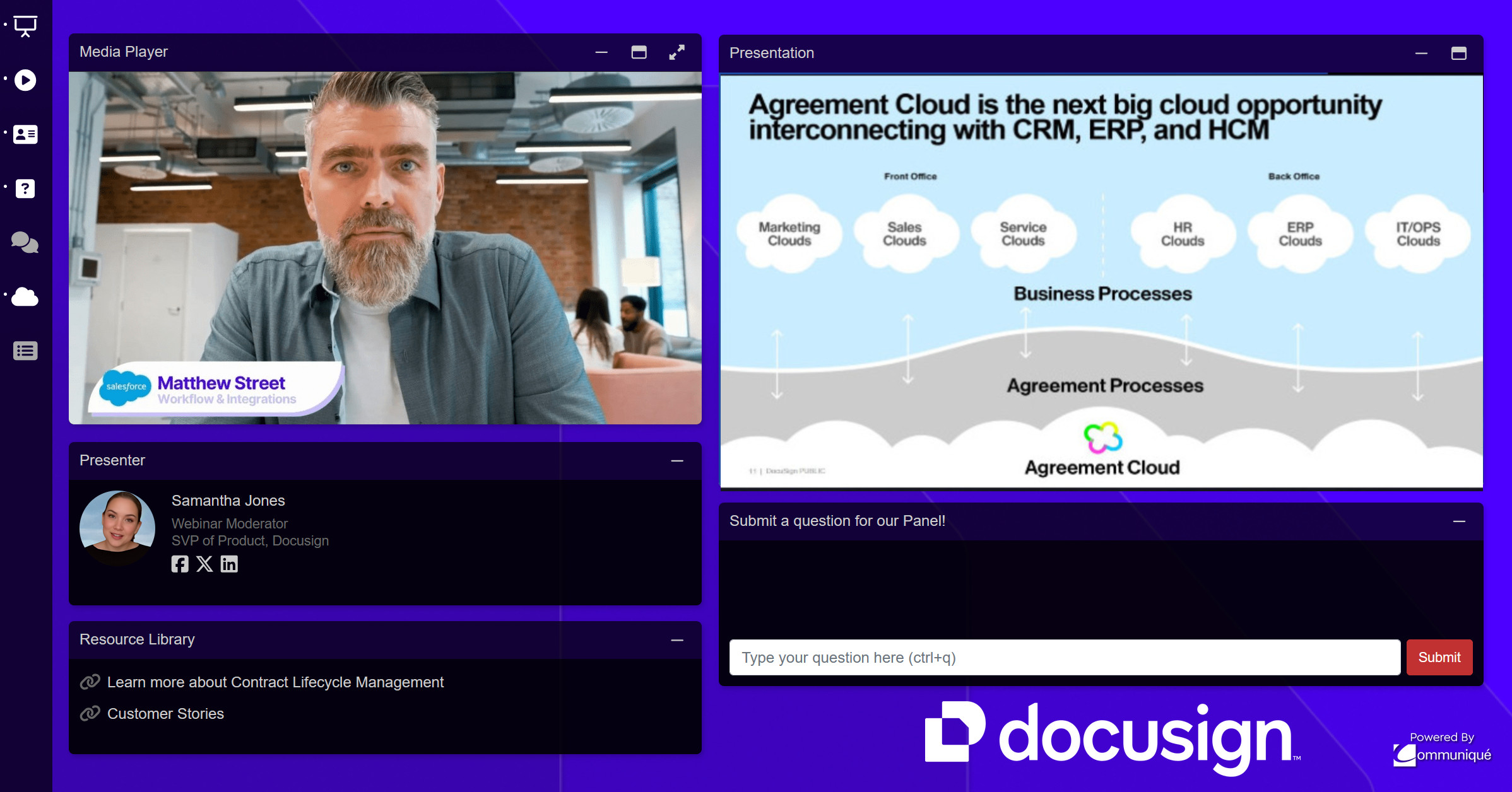 Webinar.net audience console showing a fully branded broadcast-quality live event with dynamic media player, presentation panel, presenter and moderator cards, resource library, and integrated Q&A submission