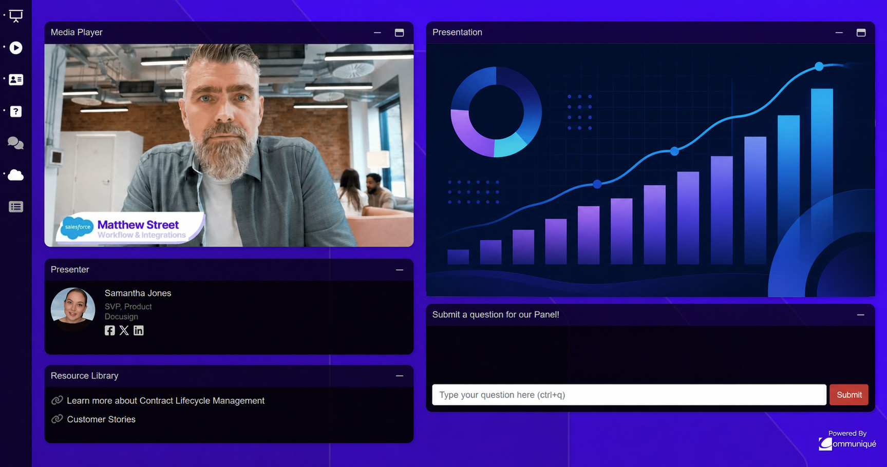 Branded Webinar.net audience console with video, presentation, resources, and Q&A