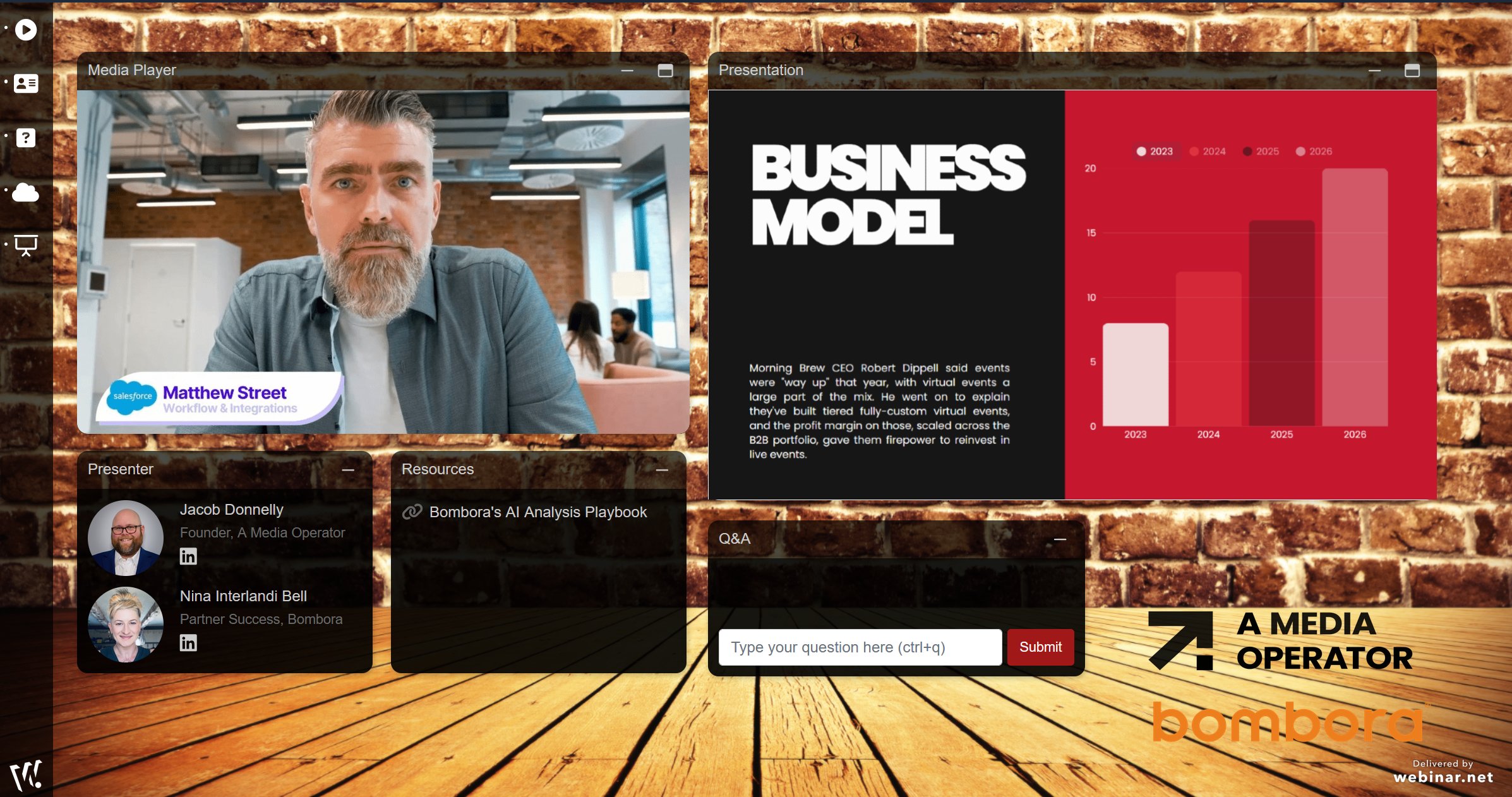 White-label audience console with a fully custom branded background, co-branded sponsor logos, dual presenters, and live presentation, Q&A, and resource panels