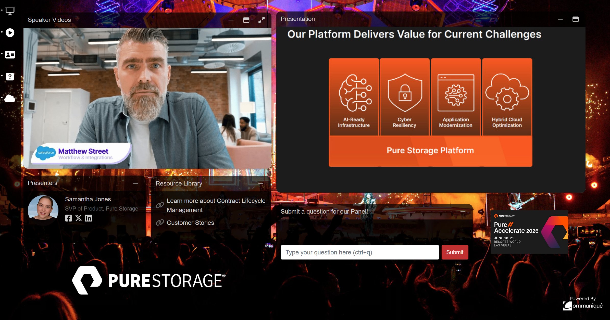 Branded Webinar.net audience console for Pure Storage with immersive custom background, speaker video, presentation, and Q&A panels