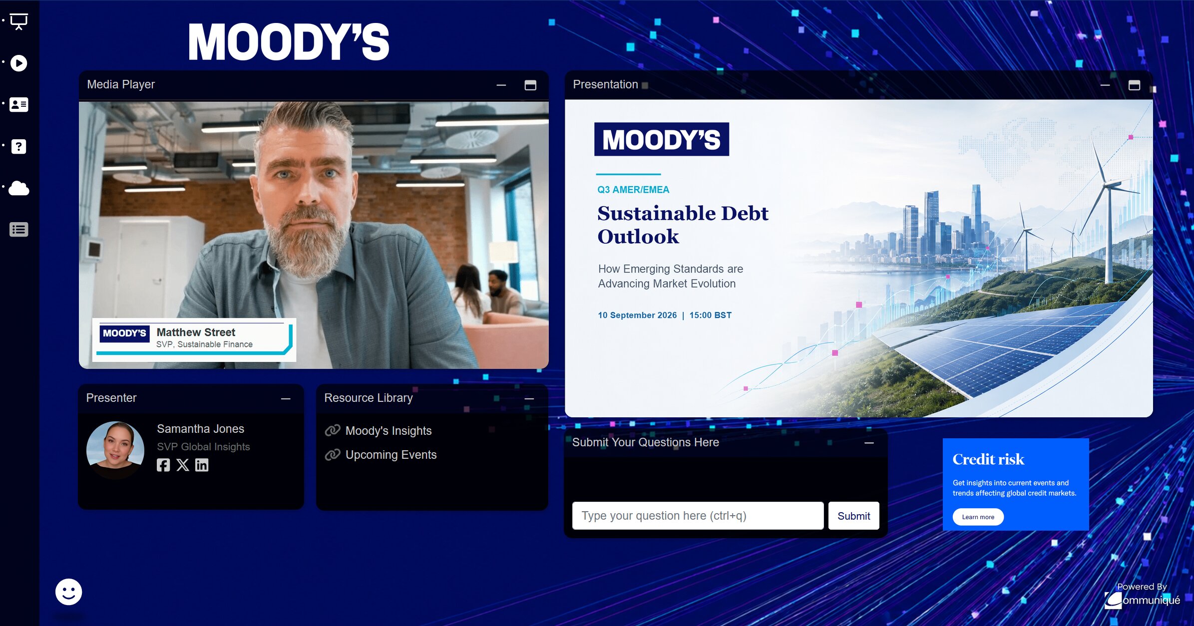 Communique audience console showing a fully branded broadcast-quality live event for Moody's, with media player, presentation panel, presenter and resource panels, and Q&A submission